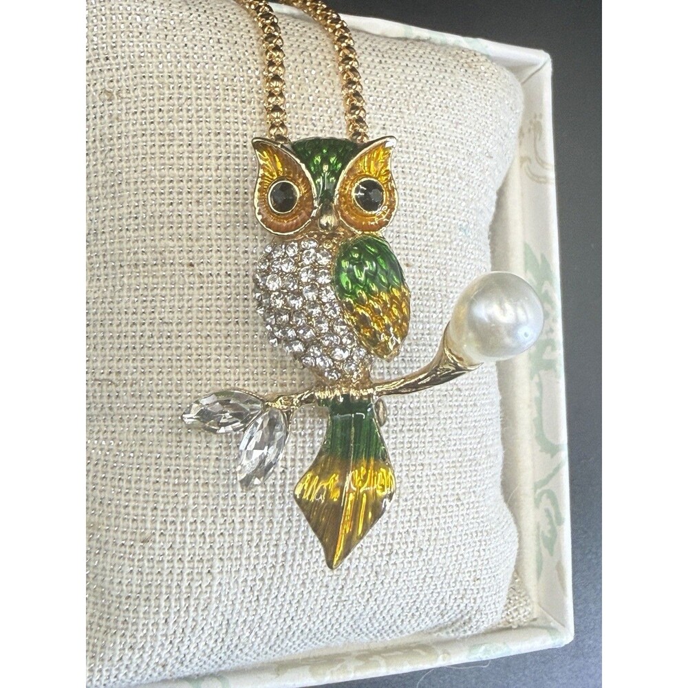 Betsey Johnson Gold Tone Pave Rhinestone Owl Enamel Faux Pearl Brooch Necklace